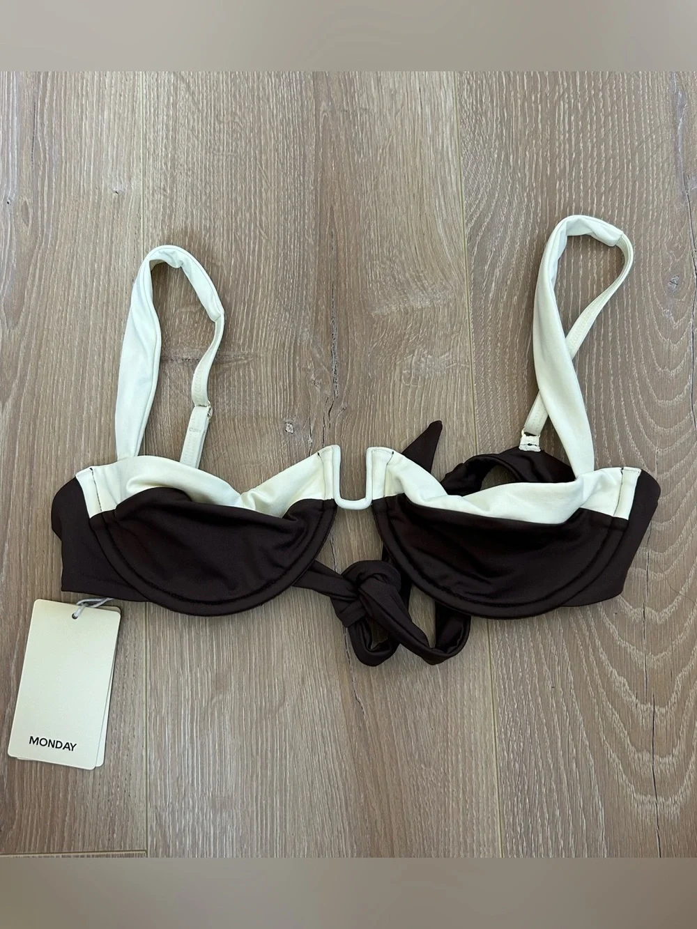 NWT New Monday Swimwear Cala Roja Top and Palma Thong in Espresso/Ivory Size S